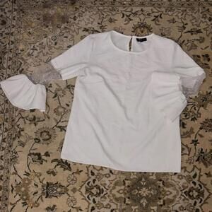 FLAW Elegant White Blouse with Sheer Sleeves pearl sparkles